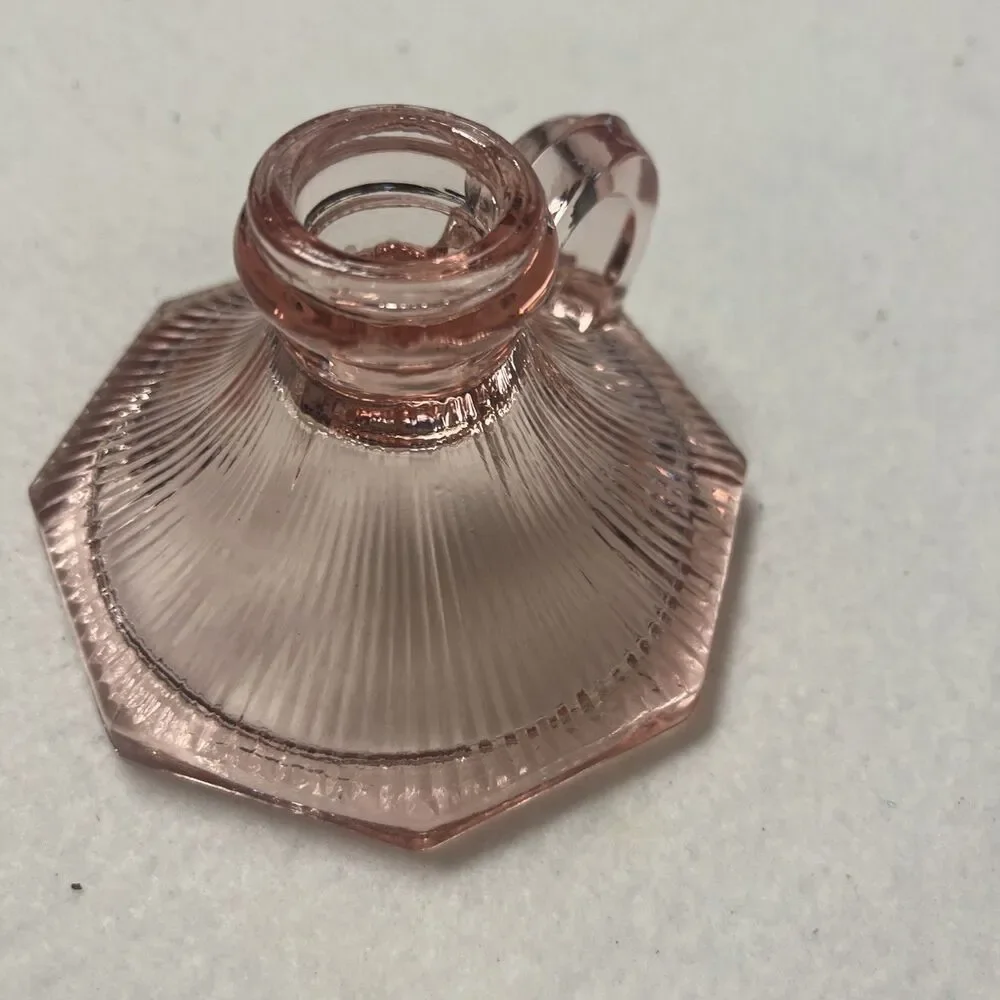 Vintage Pink Glass Candle Holder Chamberstick Ribbed Hexagon Depression